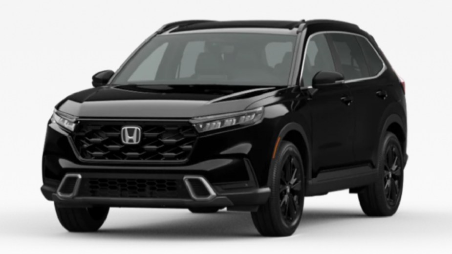 Front angle view of 2023 Honda CR-V crossover SUV with Crystal Black Pearl exterior paint color option