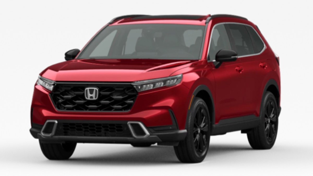 Front angle view of 2023 Honda CR-V crossover SUV with Radiant Red Metallic exterior paint color option