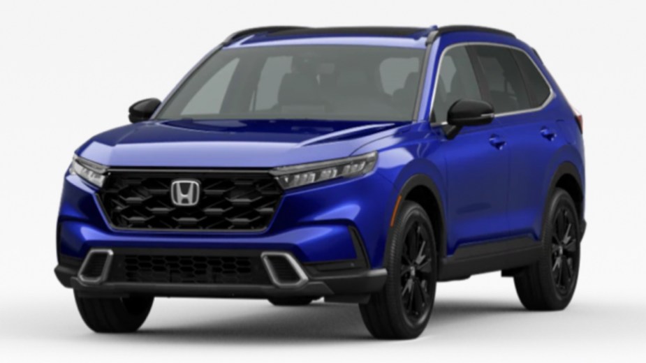 Front angle view of 2023 Honda CR-V crossover SUV with Still Night Pearl exterior paint color option
