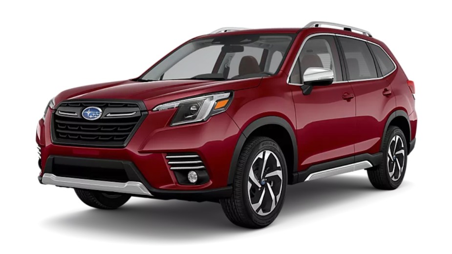 Front angle view of Crimson Red Pearl 2023 Subaru Forester