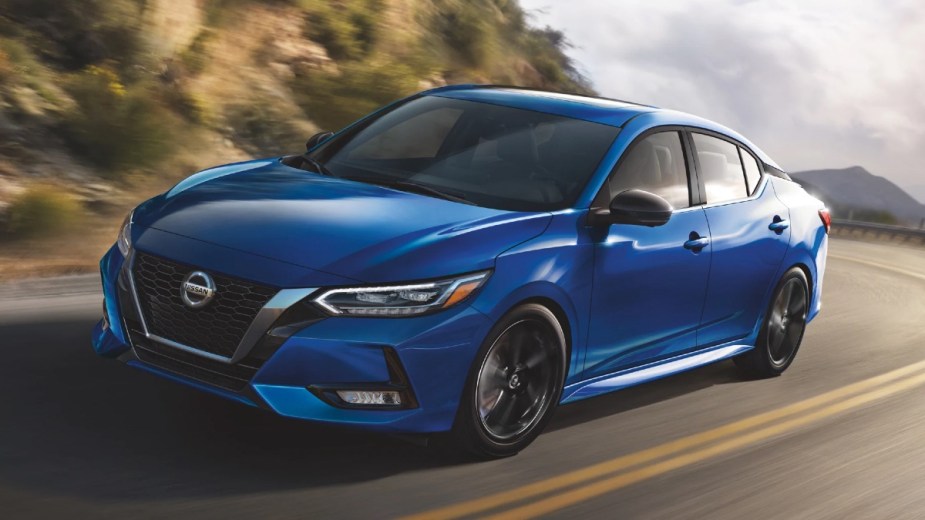 Front angle view of Electric Blue Metallic 2023 Nissan Sentra compact car