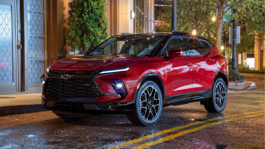 Front angle view of Radiant Red Tintcoat 2023 Chevy Blazer crossover SUV