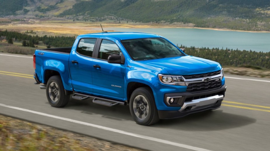 Front angle view of blue 2022 Chevy Colorado
