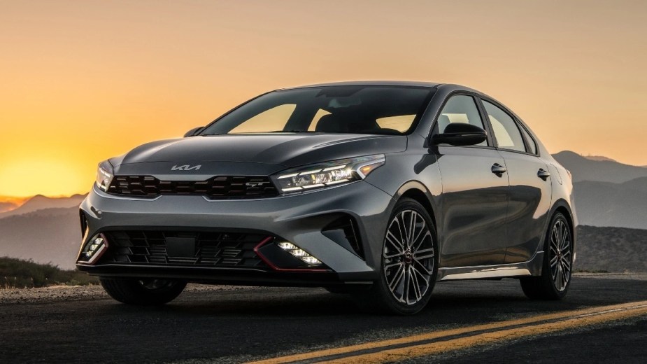 Front angle view of gray 2023 Kia Forte, an affordable Kia model that costs under $20,000