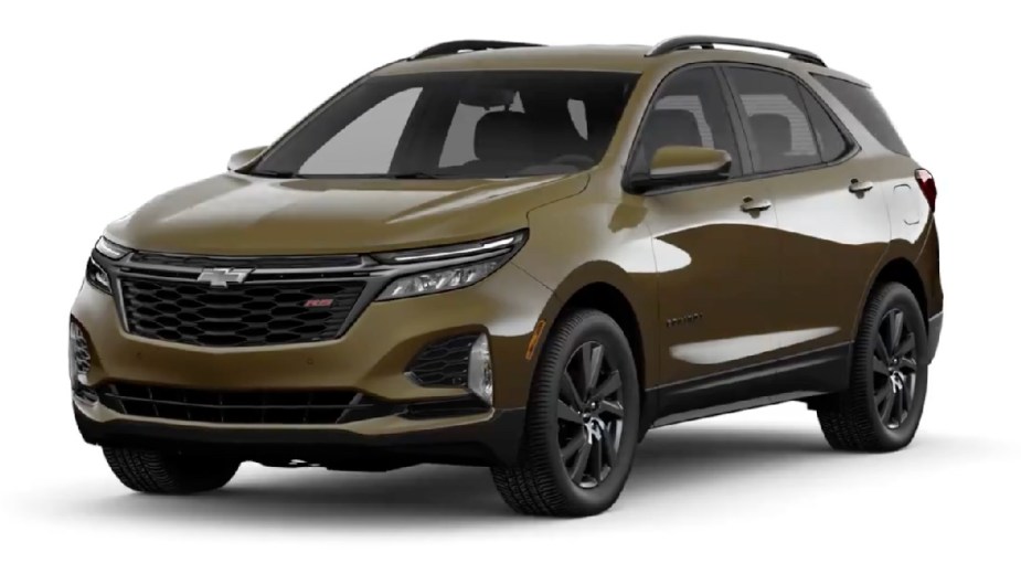 Front angle view of new 2023 Chevy Equinox crossover SUV with Harvest Brown Metallic exterior paint color