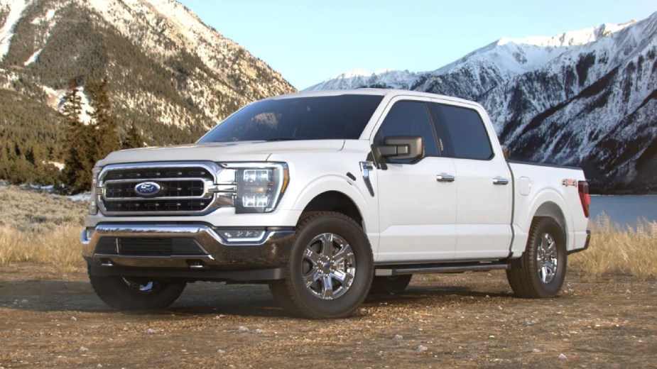Front view of the new 2023 Ford F-150 pickup truck with Oxford White exterior paint