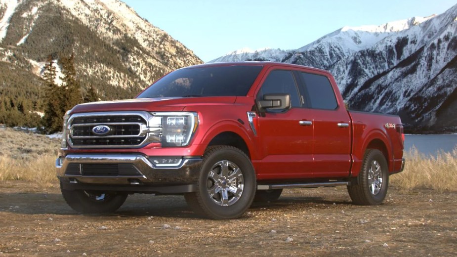 Front angle view of the new 2023 Ford F-150 Pickup with Rapid Red exterior paint