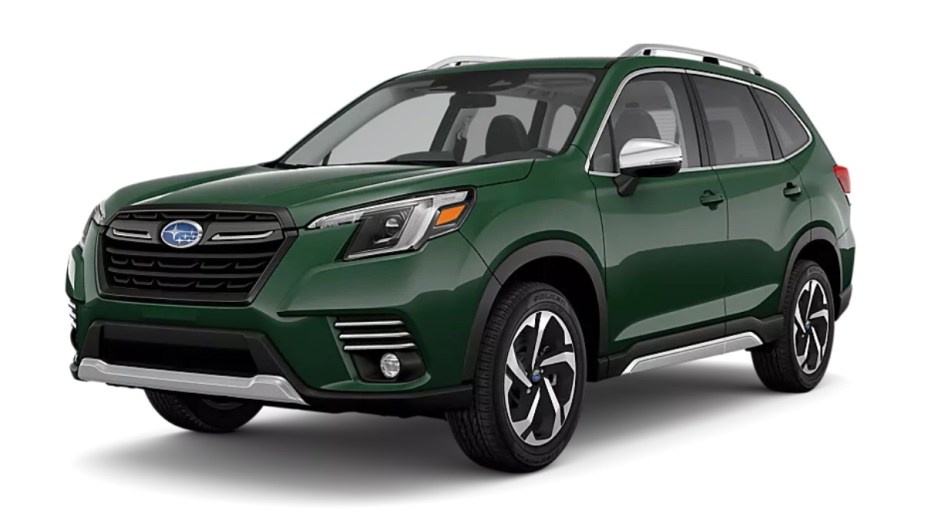 Front angle view of new 2023 Subaru Forester crossover SUV with Cascade Green Silica exterior paint color