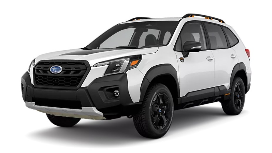 Front angle view of new 2023 Subaru Forester crossover SUV with Crystal White Pearl exterior paint color
