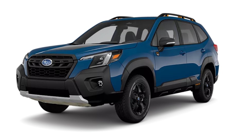Front angle view of new 2023 Subaru Forester crossover SUV with Geyser Blue exterior paint color