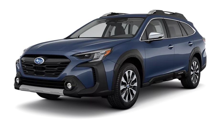 Front angle view of new 2023 Subaru Outback crossover SUV with Cosmic Blue Pearl exterior paint color