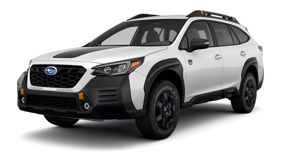 Front angle view of new 2023 Subaru Outback crossover SUV with Crystal White Pearl exterior paint color