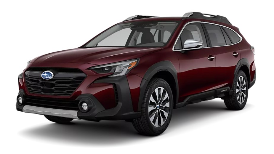Front angle view of new 2023 Subaru Outback crossover SUV with Dark Mahogany Pearl exterior paint color