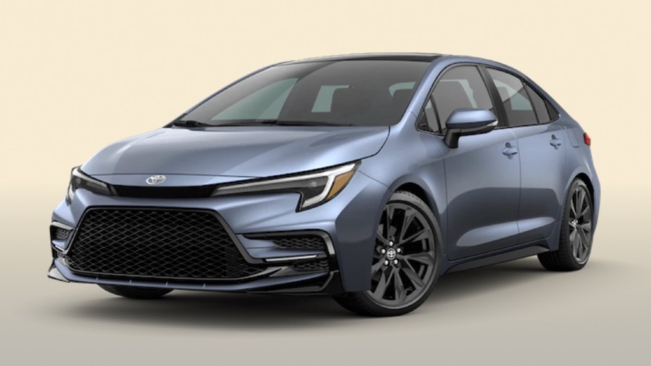 Front angle view of new 2023 Toyota Corolla Sedan with Celestite exterior paint color