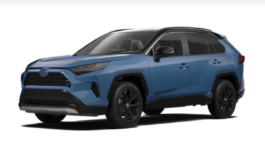 Front angle view of new 2023 Toyota RAV4 crossover SUV with Cavalry Blue/Midnight Black Metallic exterior paint color