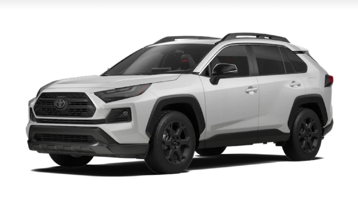 Front angle view of new 2023 Toyota RAV4 crossover SUV with Ice Cap exterior paint color