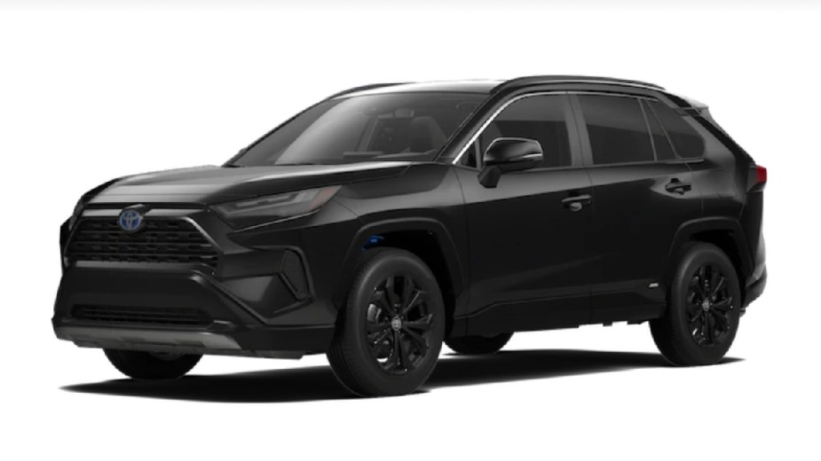 Front angle view of new 2023 Toyota RAV4 crossover SUV with Midnight Black Metallic exterior paint color