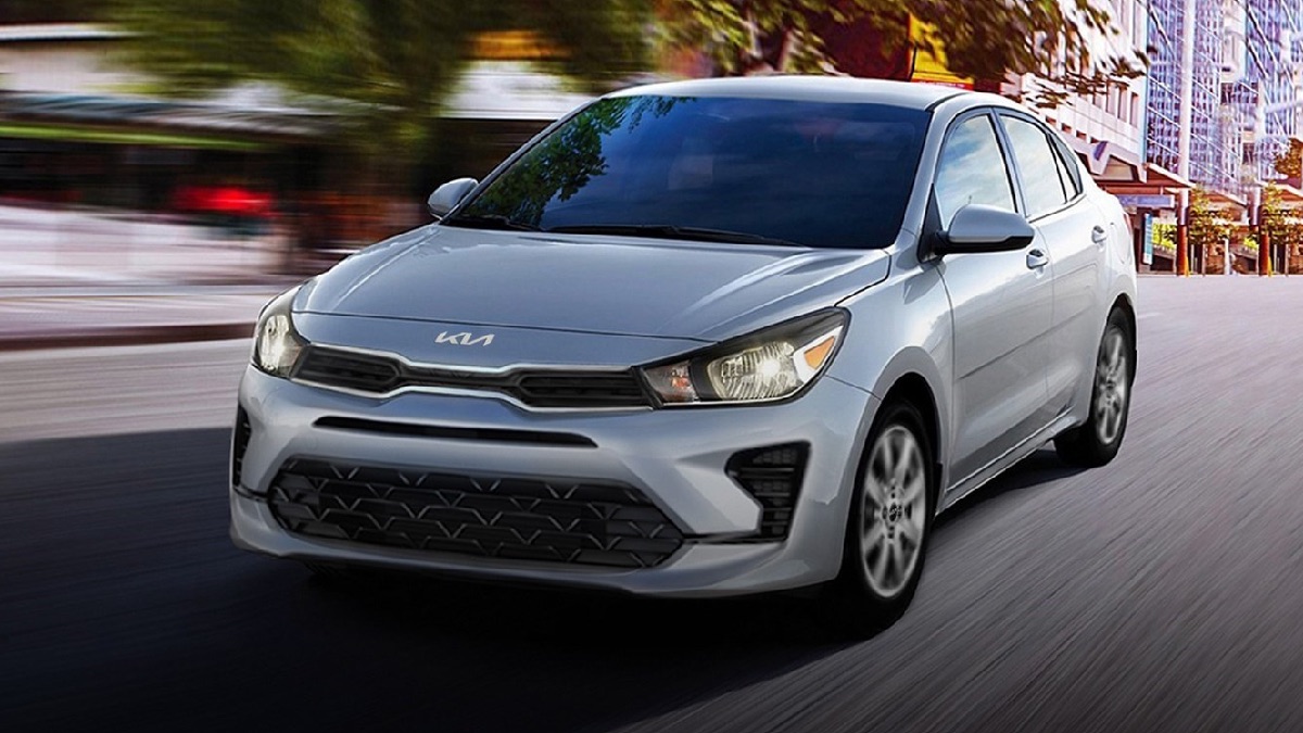Front angle view of silver 2023 Kia Rio, the cheapest Kia model that costs under $20,000