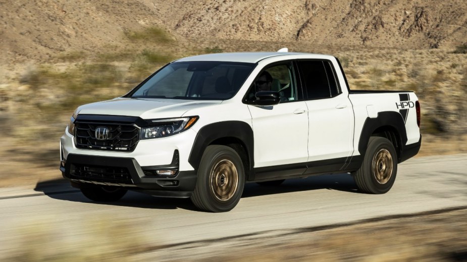 Front angle view of the white 2023 Honda Ridgeline 