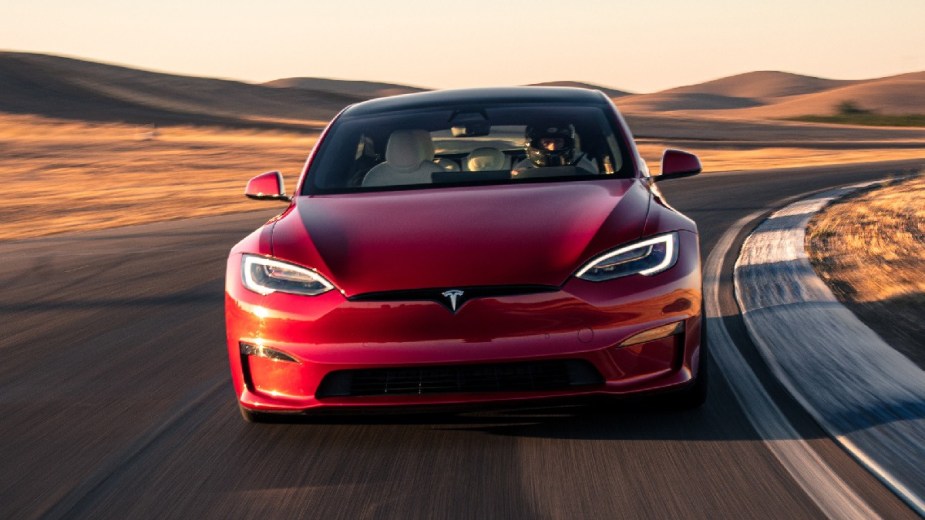 Front view of red 2022 Tesla Model S, highlighting fast EV alternatives that are cheaper