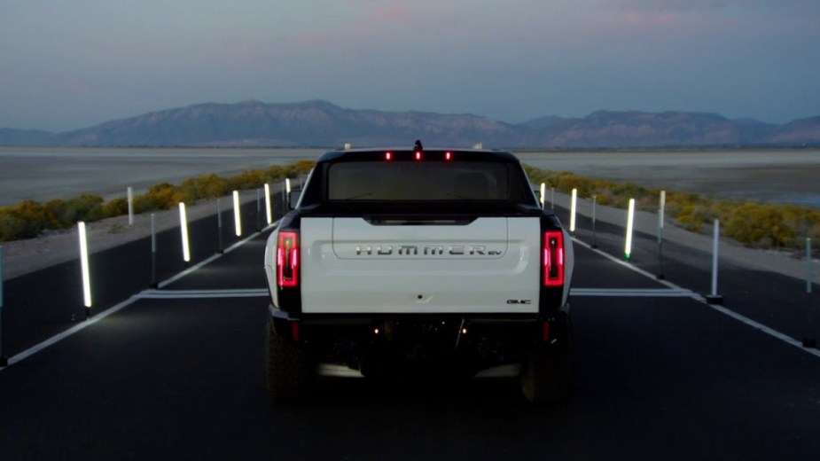 White GMC Hummer EV Rear ready to engage the Watts to Freedom feature
