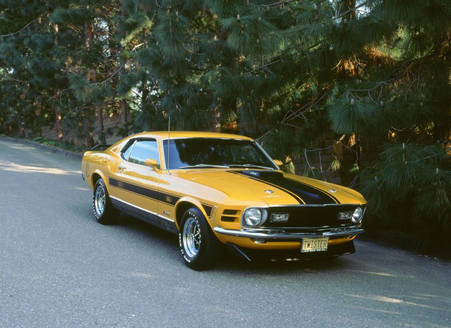 A vintage 1970 Ford Mustang Twister Special driving. 