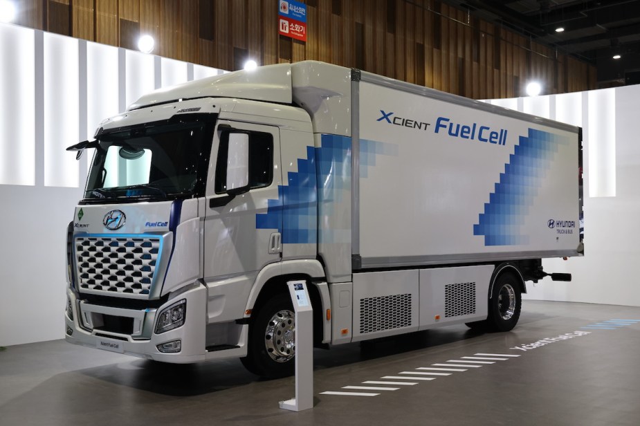 A Hyundai Xcient as one of the best hydrogen fuel cell trucks. 