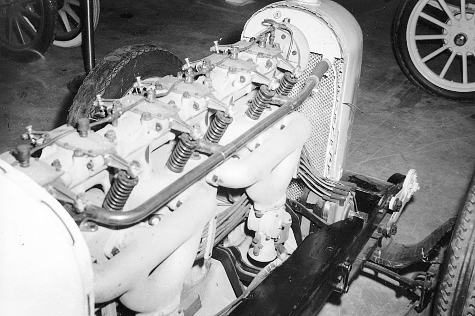 Closeup of the six-cylinder I6 engine beneath the hood of record-breaking "Wisconsin Special" race car in 1922.