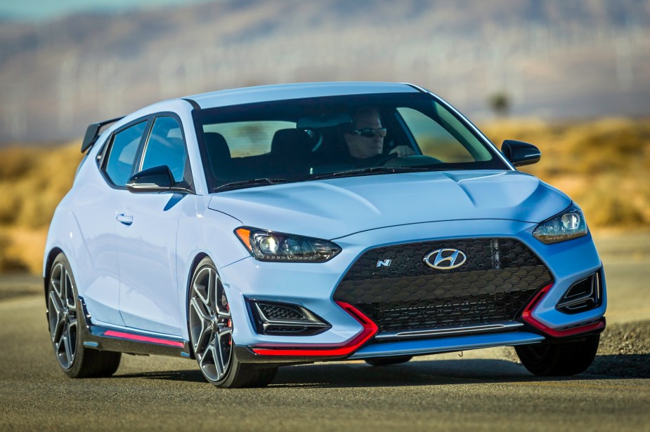 A blue 2022 Hyundai Veloster N is one of the most fuel efficient hot hatchbacks you can get.