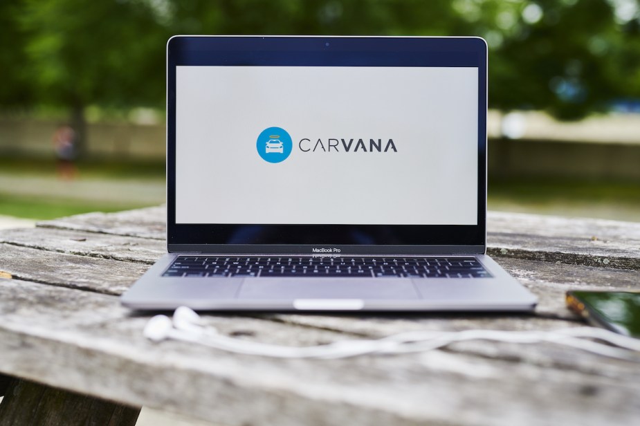 Carvana logo on a laptop where you can buy a car online. 