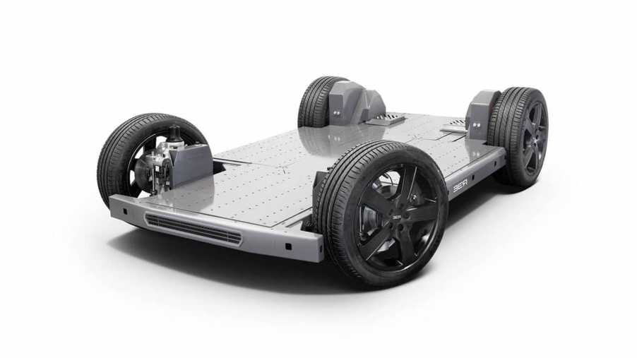 Rendering of a flat "skateboard" chassis for an electric vehicle built by the startup Ree.
