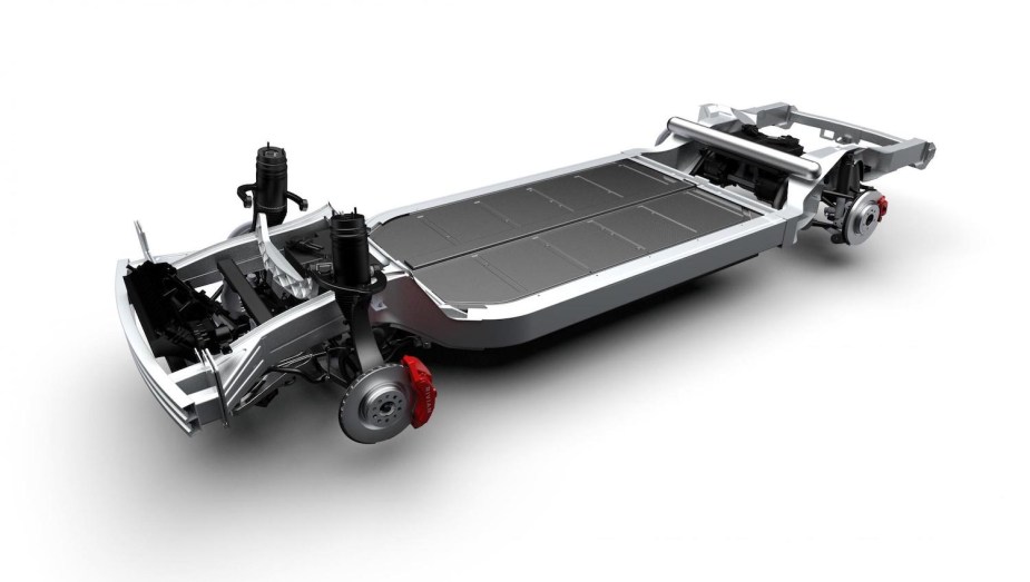 Rendering of the "skateboard" chassis, battery packs, and motors that underpin the Rivian electric truck.