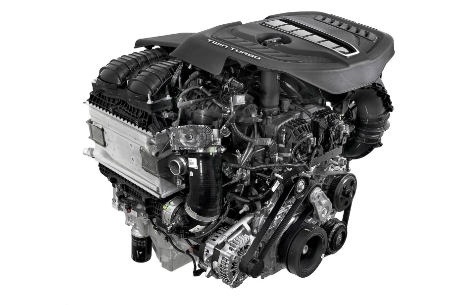 Promo photo of Stellantis' new Hurricane 3.0-liter turbocharged I6 gasoline motor for Ram trucks, pictured against a white background.
