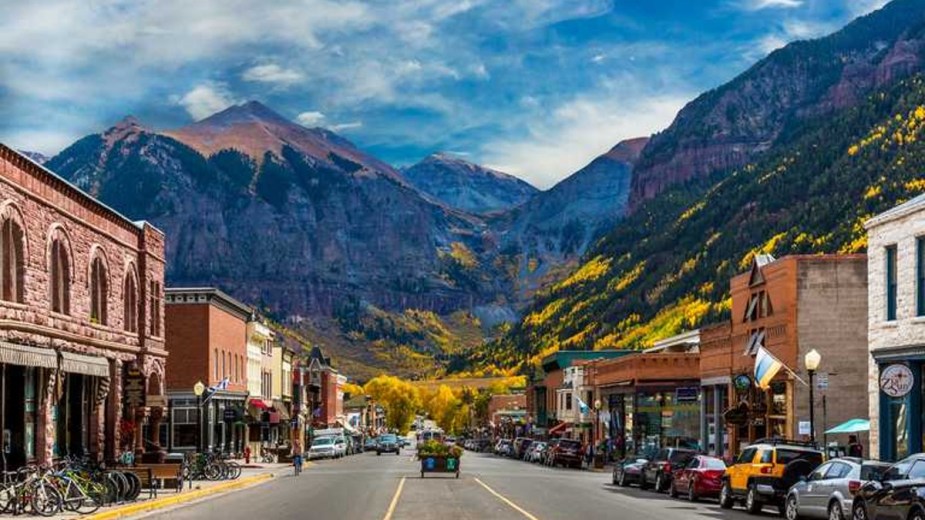 The Main Road in Telluride, Colorado with the mountain view behind