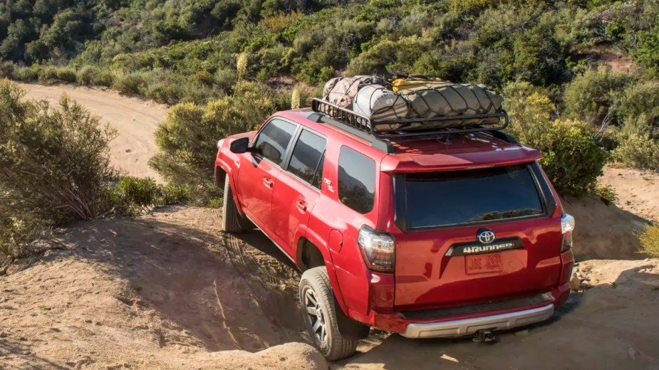 A Toyota 4Runner TRD Off-Road shows off its capability as an off-road SUV.