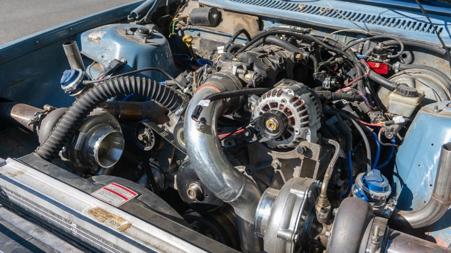 An LS-swapped Volvo 240 has a crazy engine bay.