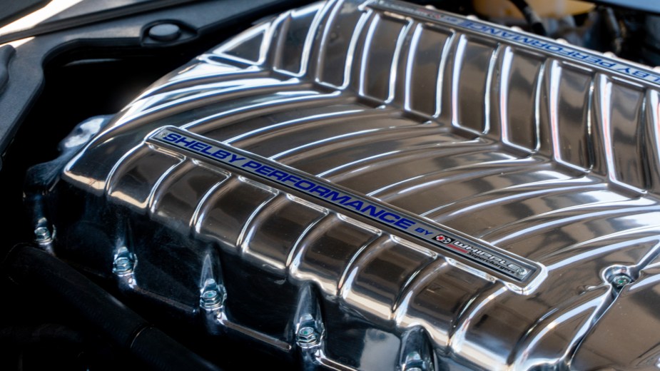 The Whipple-supercharged heart of the unique Shelby Super Snake is a polished centerpiece.
