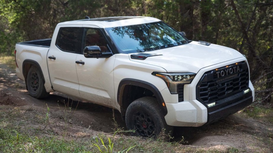 White Toyota Tundra TRD Pro on a Dirt-Covered Trail