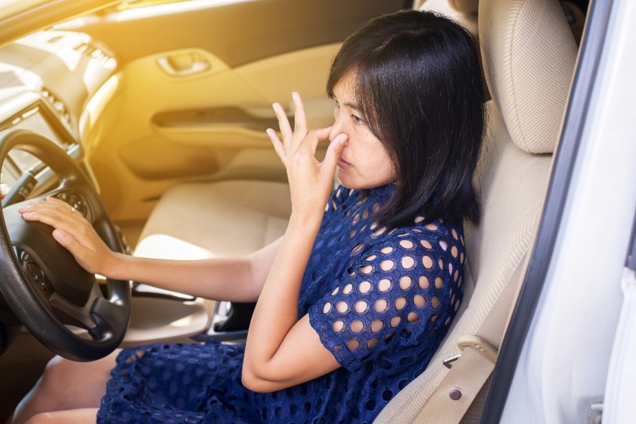 Woman Holding Her Nose in a foul-semlling car