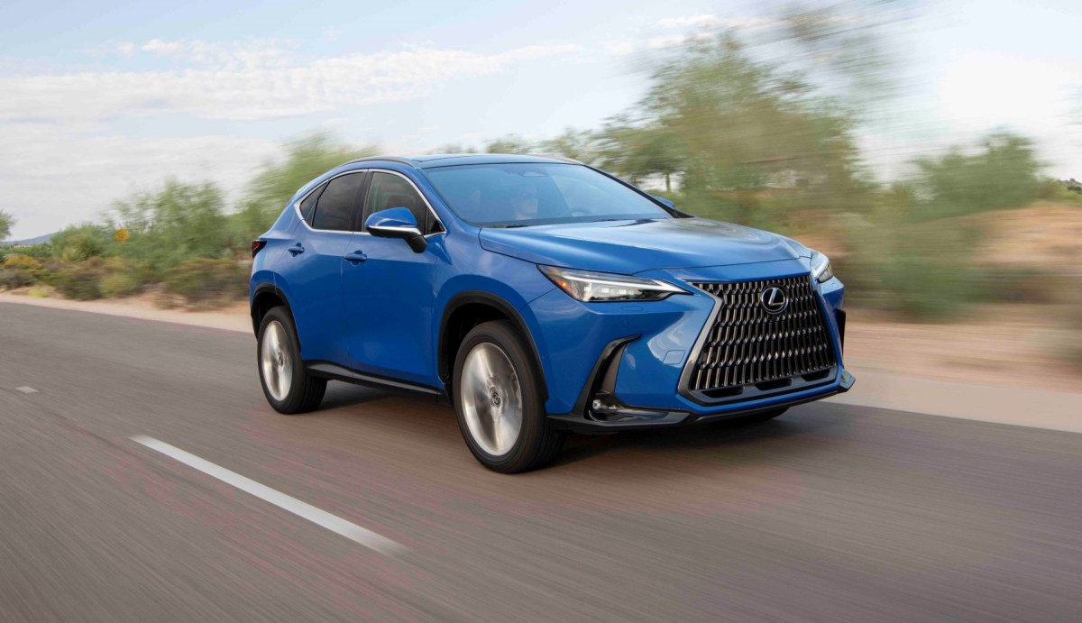A blue 2023 Lexus NX 350h (Hybrid) compact luxury SUV model in Grecian Water color option