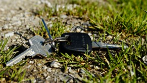 A set of keys laying in the grass