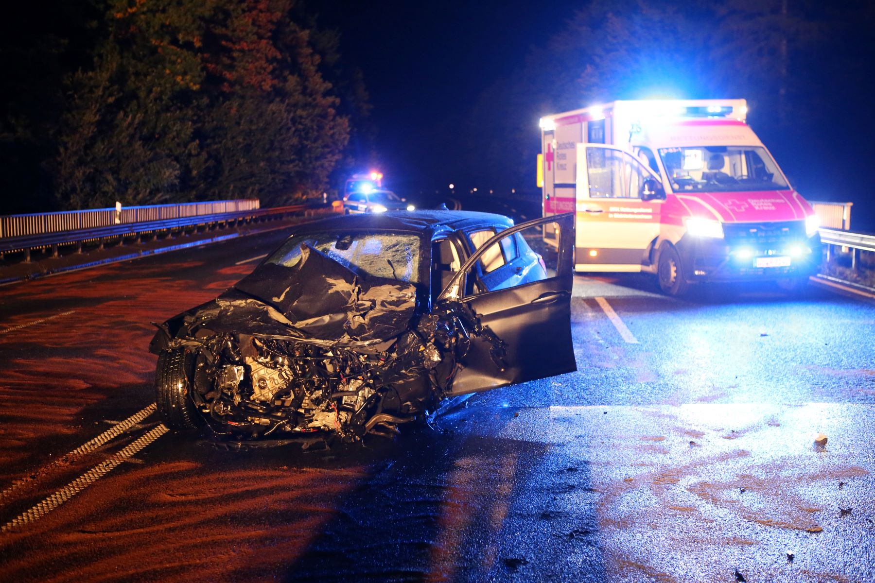 The aftermath of a wrecked car in a fatal accident scene in Lower Saxony, Ebergötzen