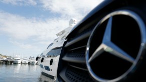 The Mercedes-Benz logo close up.