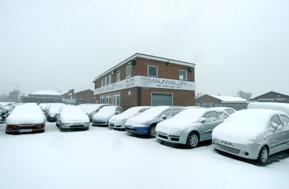 A snow-covered dealership.