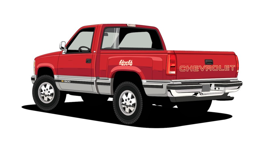 Drawing of the rear of an OBS Chevy pickup truck, the Chevrolet logo on its tailgate and 4x4 callout on its stepside fenders clearly visible.