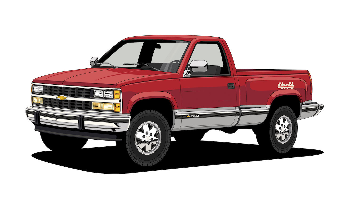 Drawing of a red 1988 Chevrolet K1500 half-ton 4x4 truck which, often referred to as an OBS Chevy. 