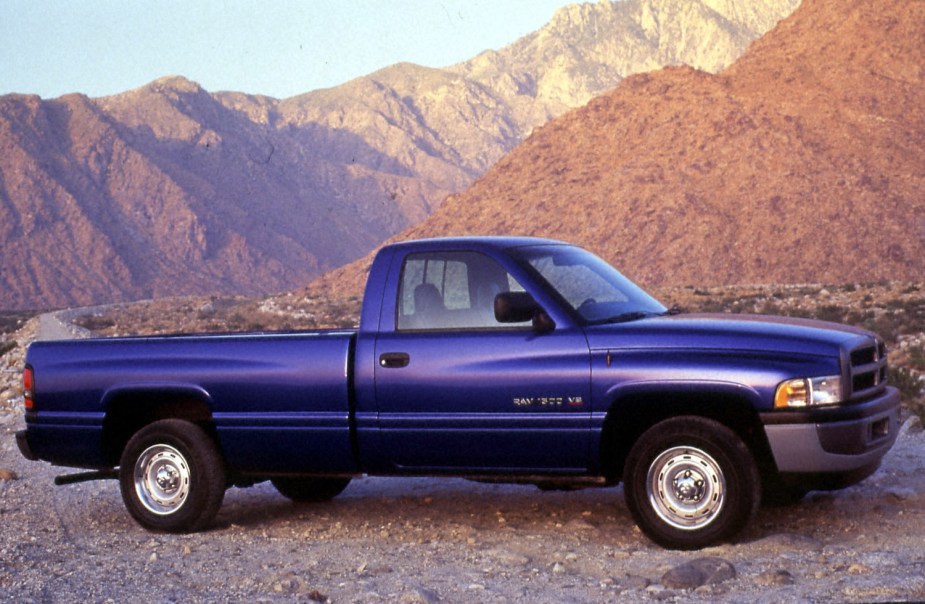 An advertising photo of the 1994 second generation Dodge Ram pickup truck painted blue.