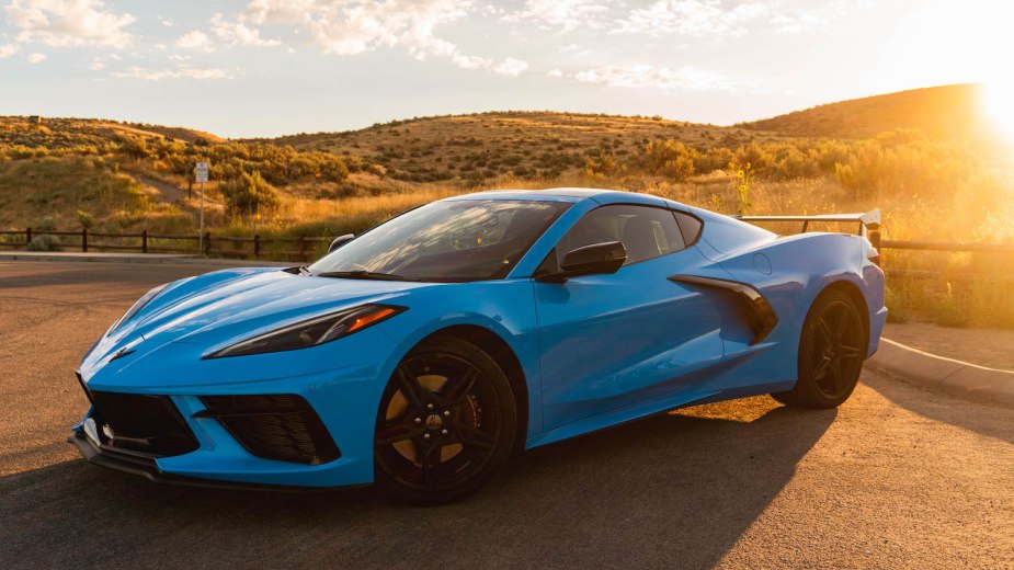 A blue 2022 C8 Corvette parked