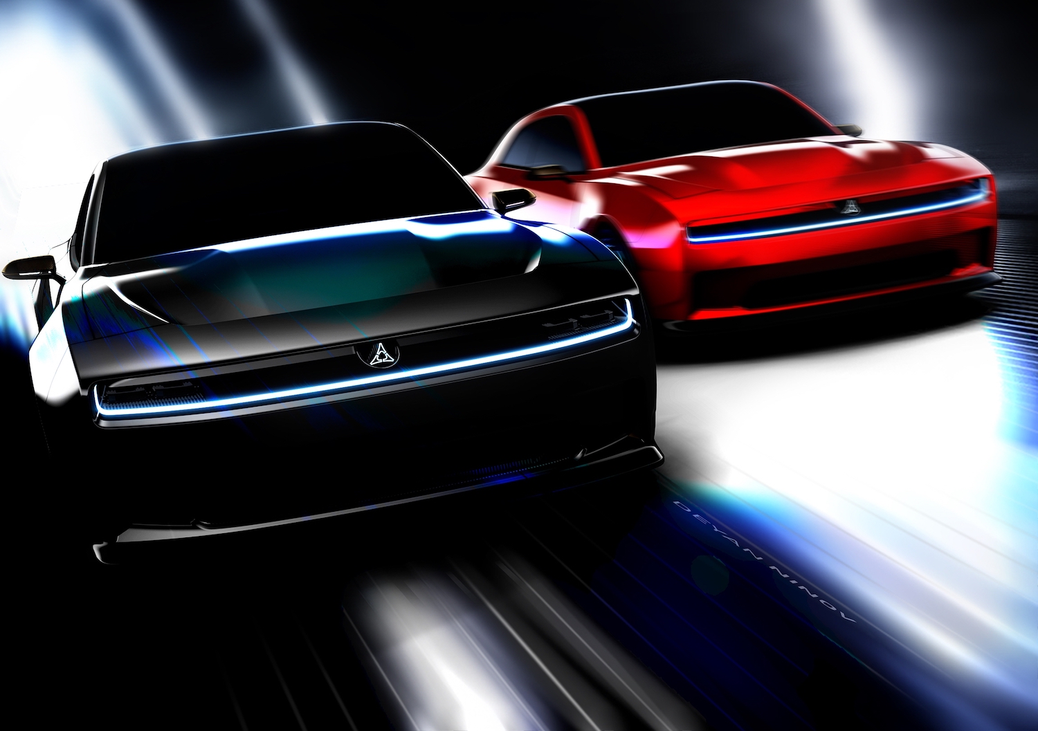 Concept art of two electric Dodge Charge Daytona eMuscle cars racing down the road.