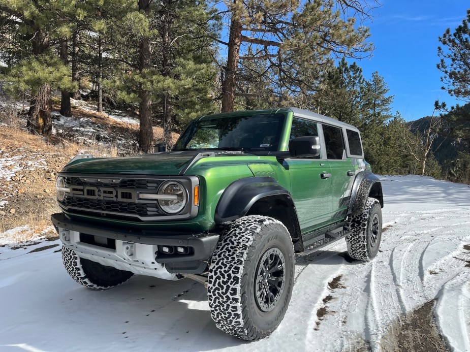 2022 Ford Bronco Raptor front corner view in the snow